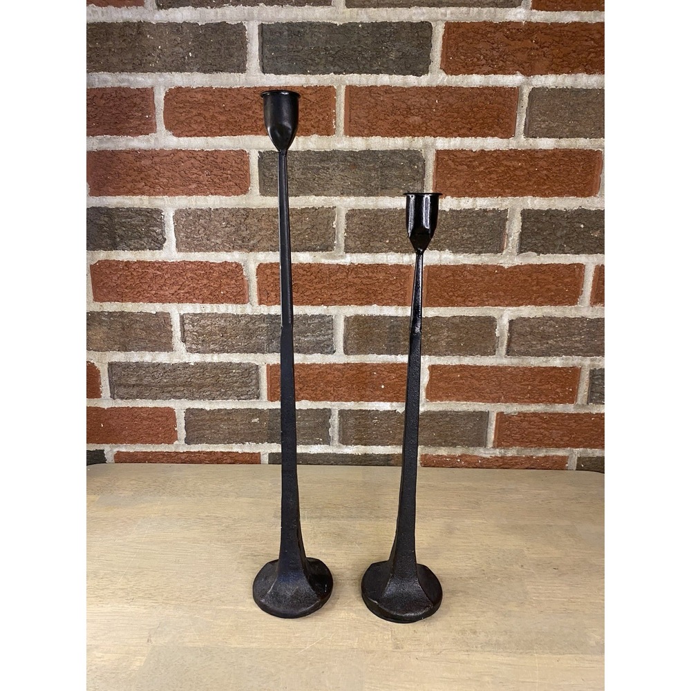 Pair Hand Forged Wrought Iron Taper Candle Holders 17" & 14" Rustic Gothic